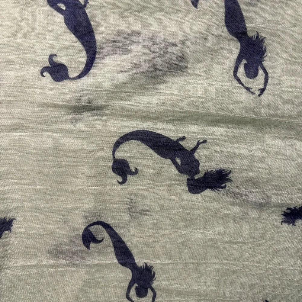 JD Sunny Just Classic Mermaid Print Cotton Scarf‎ Mint Green Navy Blue Fringe